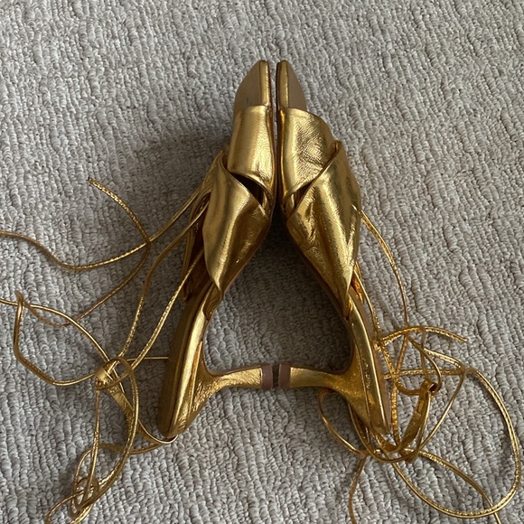 Zara Gold Foil Metallic Leather Ankle Wrap Tie Square Toe Kitten Heel Sandal - Picture 6 of 12